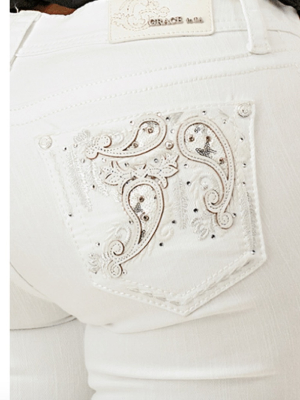 NWT Grace in LA bootcut white bootcut with embellished pocket.
